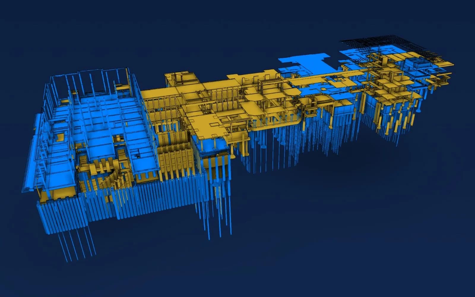 Modelo BIM com o avanço da montagem: azul concluído, âmbar em andamento, arame a iniciar